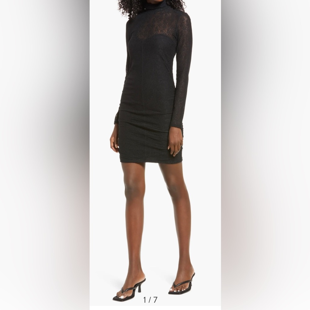 Open Edit Black Lace Semi Sheer Long Sleeve Minidress Size XS (0-2) NWT